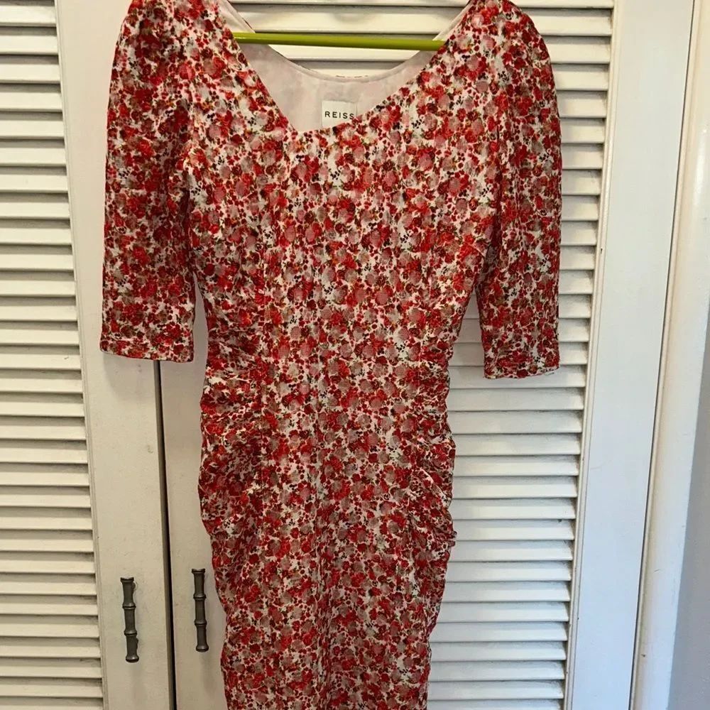 Reiss Flower 🌺 Midi Shory Sleeve asymmetrical collar lined Dress